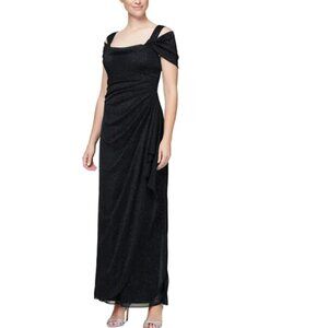 Alex Evenings Cold-Shoulder Draped  Black Metallic Gown Size 14 Petite